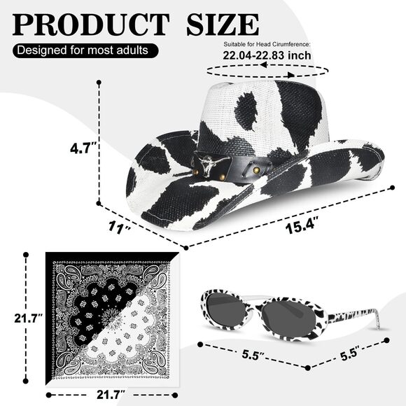 2534 Cow Pattern Straw Cowboy Hat Western With Glasses And Bandana, Hat Size